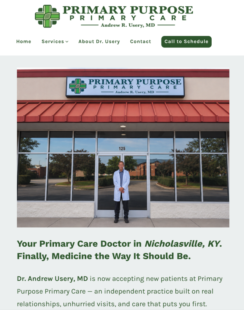 3pcmedical.com homepage — medical practice website design built by Speak LLC for Primary Purpose Primary Care, Nicholasville KY