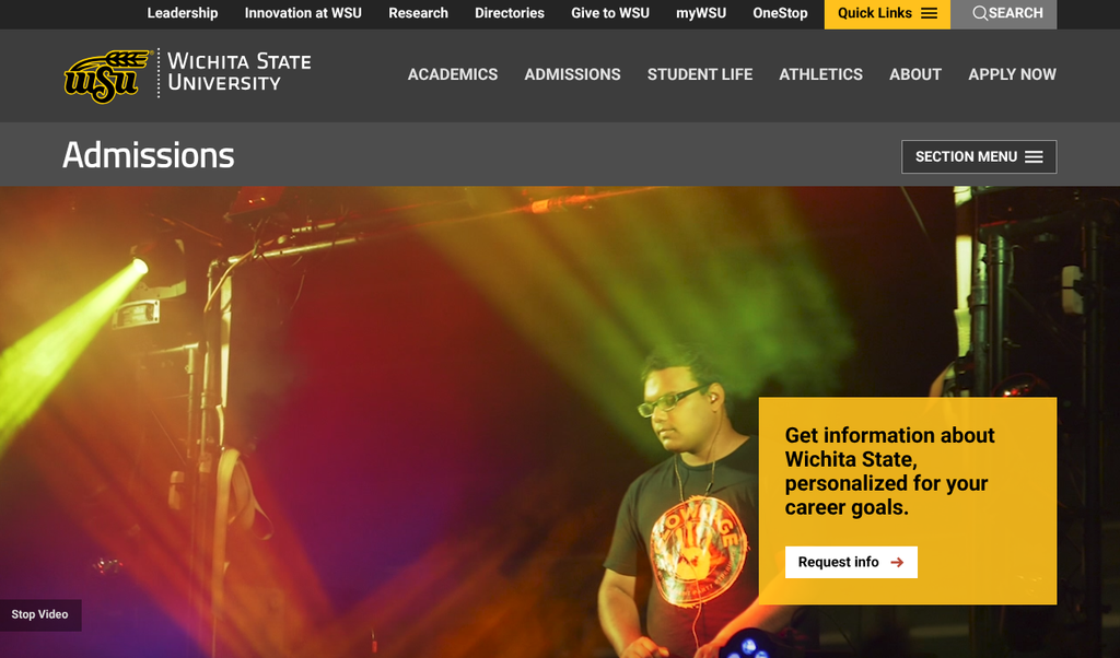 Wichita State University website review screenshot: undergraduate admissions homepage with Apply Now, Common App, and Visit Campus header actions and a section menu listing Tuition and Fees.