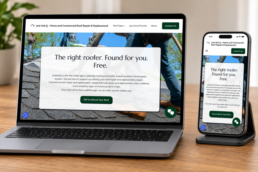 Specialty roofing lead generation platform homepage on desktop and mobile