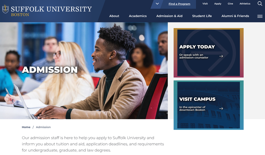 Suffolk University website review - undergraduate admission homepage with Find a Program search and Apply, Visit, and Tuition and Aid navigation.