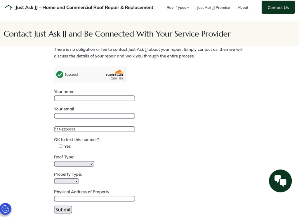 White glove lead capture form collecting address, repair or replacement, property type, and roof material. The concierge-style intake form routes each lead by material and project type.