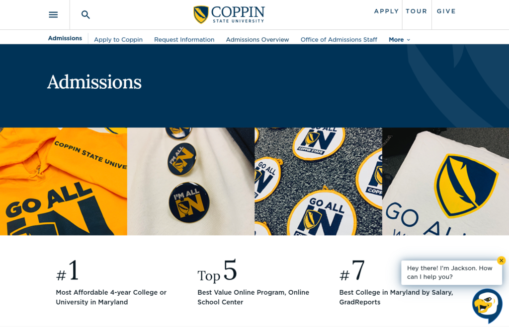 Coppin State University admissions home page screenshot