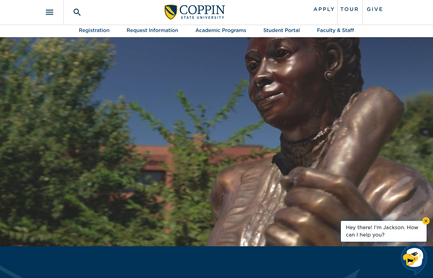 Coppin State University Website Review Home Page screenshot. Coppin State University website review: coppin.edu home page with Apply, Tour, and Give in the secondary navigation
