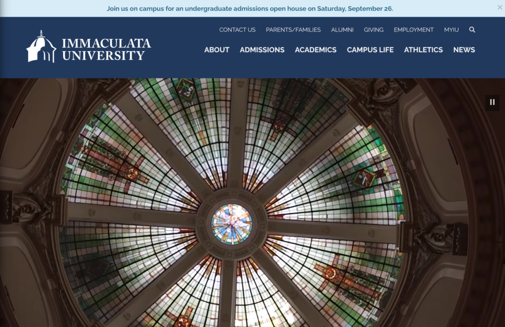 Immaculata University website review - home page screenshot.