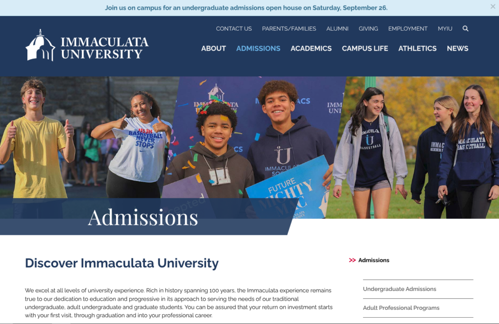 The Immaculata University website review. The undergraduate admissions page organizes the visit around six clear choices.