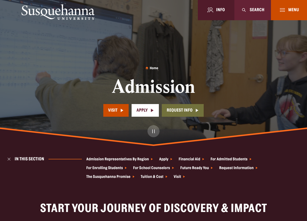 Susquehanna University website review. Photo of susqu.edu admissions page screenshot with "admission" text in the center. and a photo of a student and teacher in the background.