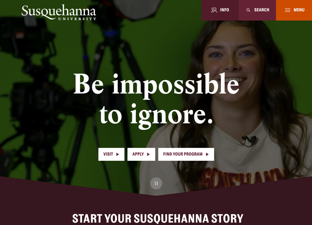 Susquehanna University website review. Photo of susqu.edu home page screenshot with "be impossible to ignore" text in the center.