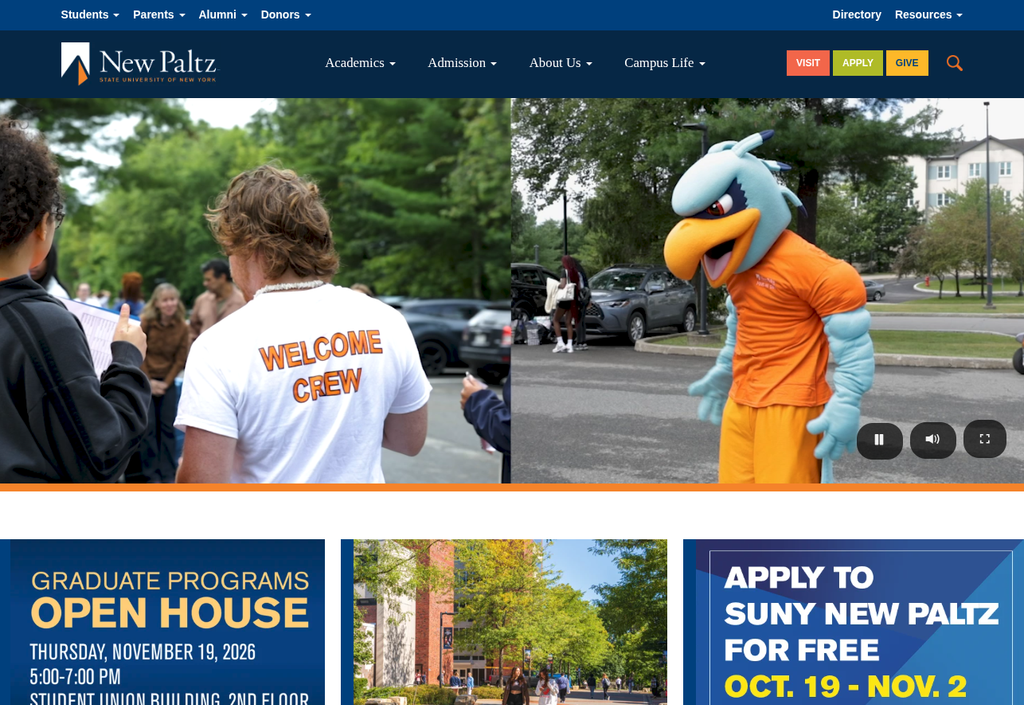 SUNY New Paltz Website Review - home page screenshot
